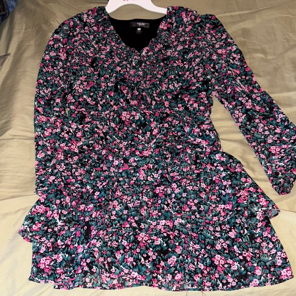 Aqua Floral Kids Dress - Pink and Black